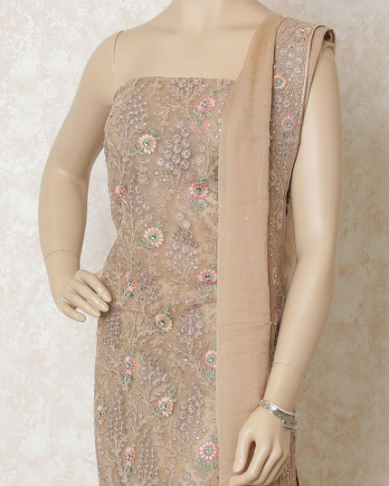 Beige nylon tulle Kameez with same tone, baby pink and sage green embroidery having bead work in floral design. Beige plain salwar having same tone wrinkle chiffon dupatta-D9981