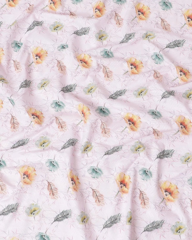 Crepe pink cotton lawn fabric with same tone embroidery having olive green and light mustard print in floral design-D7014 Regal Fabrics