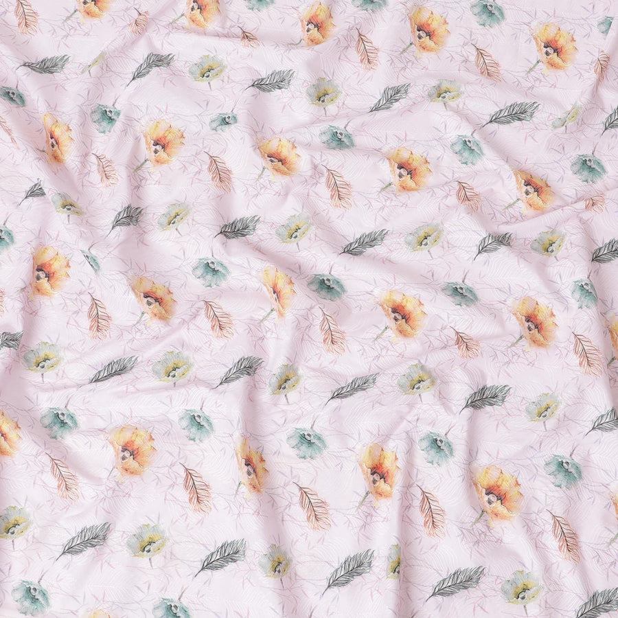 قماش قطني كريب وردي مع تطريز بنفس اللون مع طباعة زيتون أخضر وخردل فاتح بتصميم زهور-D7014