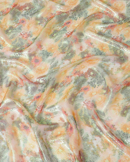 قماش شيفون حريري نقي فاخر متعدد الألوان مع لوريكس معدني أخضر نيون بتصميم زهور-D15462