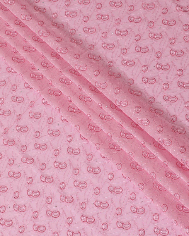 Baby pink Premium pure 100% Swiss cotton voile (Sudanese Thobe) fabric with same tone and hot pink embroidery having stone work in fancy design-D13795