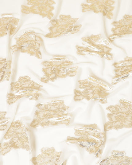 قماش شيفون صناعي بيج فاتح لوركس معدني ذهبي بتصميم زهور-D8958