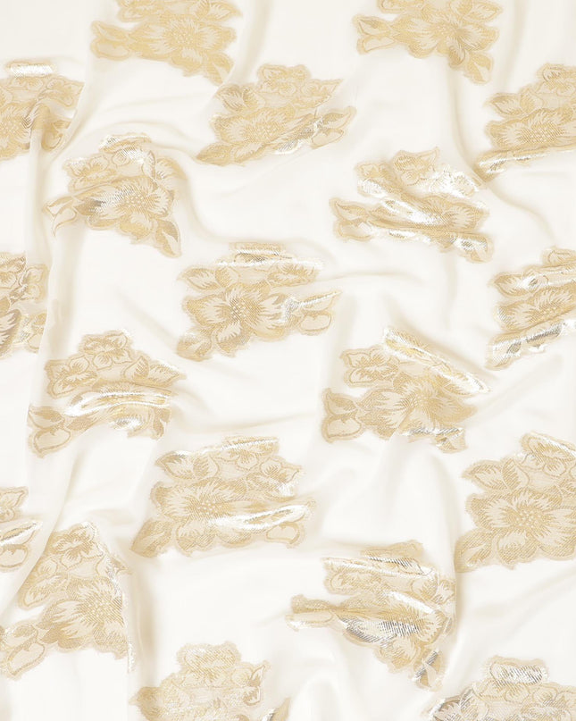 قماش شيفون صناعي بيج فاتح لوركس معدني ذهبي بتصميم زهور-D8958