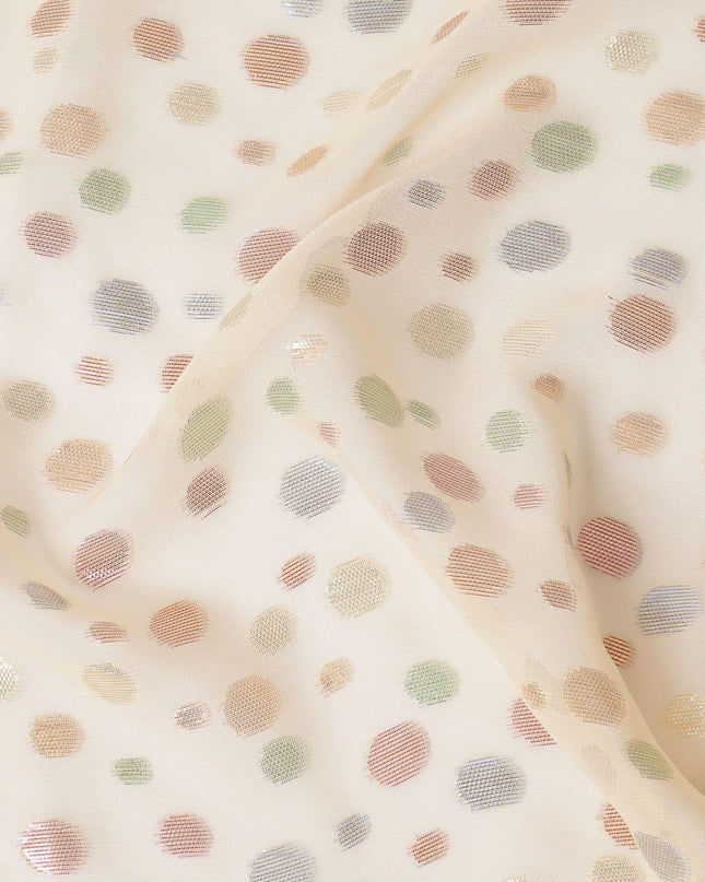 Beige Premium pure silk chiffon fabric with multicolor metallic lurex in dot design-D15335