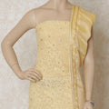 Blonde yellow georgette kameez with same tone embroidery having sequin, bead work and stone work in floral design. Blonde yellow plain salwar having silk organza dupatta with bead work and stone work-D12671