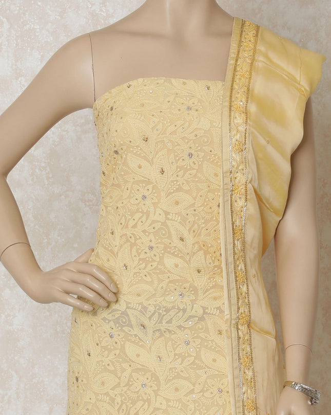 Blonde yellow georgette kameez with same tone embroidery having sequin, bead work and stone work in floral design. Blonde yellow plain salwar having silk organza dupatta with bead work and stone work-D12671