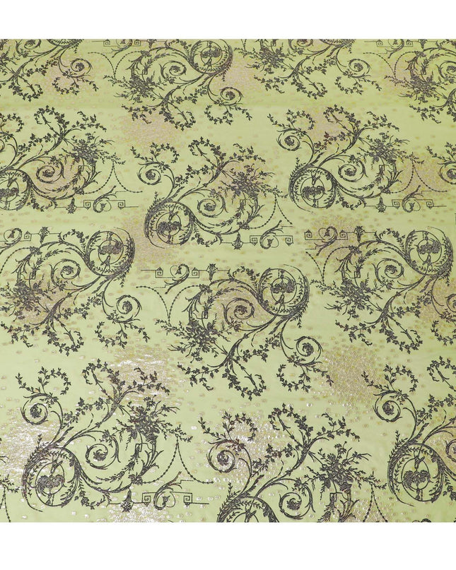 Lime green premium pure silk chiffon fabric with black flock having glitter and gold metallic lurex in floral design-D13717