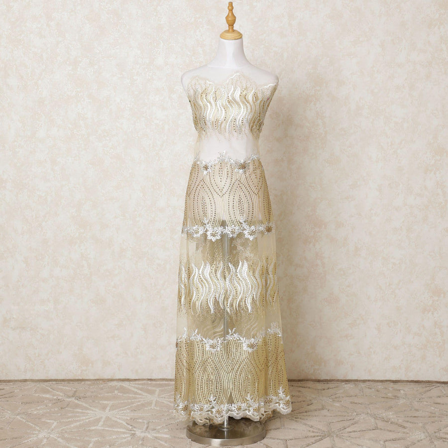 Light gold nylon tulle fabric with same tone, beige embroidery having stone work in fancy design-D12201