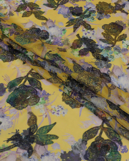 Sunflower yellow premium pure silk chiffon fabric with multicolor print and metallic lurex in floral design-D13237