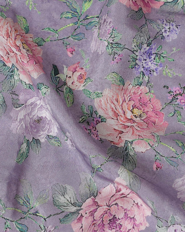 قماش كريب فيسكوز لافندر مع طباعة باللون الأخضر الداكن والوردي الفاتح والأرجواني الفاتح بتصميم الأزهار-D15651