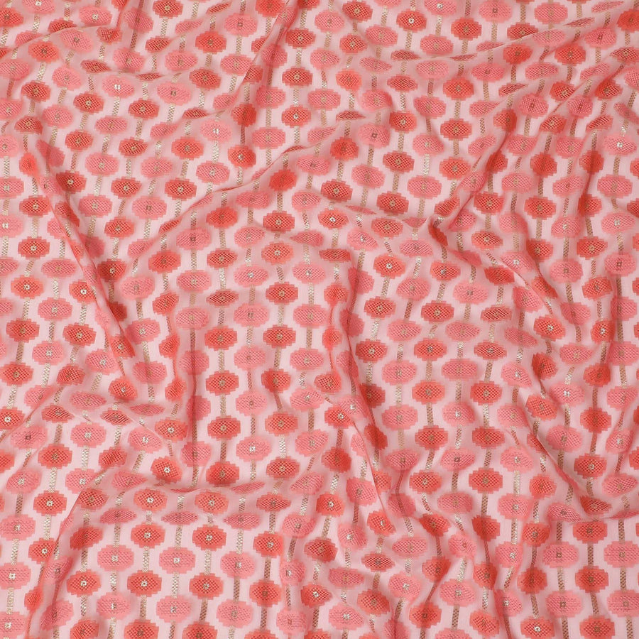 Salmon pink Premium pure French (Fransawi) silk chiffon fabric with same tone viscose having gold metallic lurex in abstract design-D12705