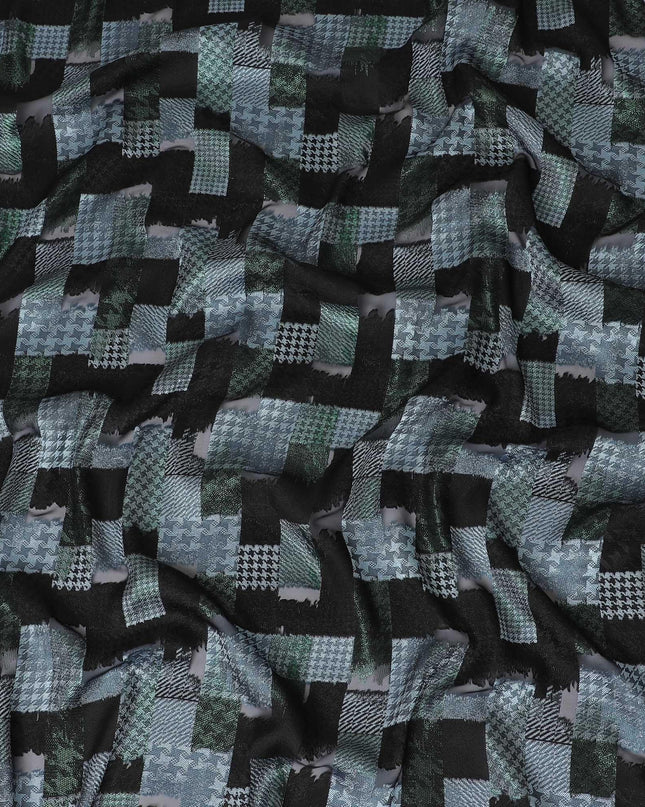 Black premium pure French (Fransawi) silk chiffon fabric with same tone and grey viscose having forest green metallic lurex in checks design-D14224