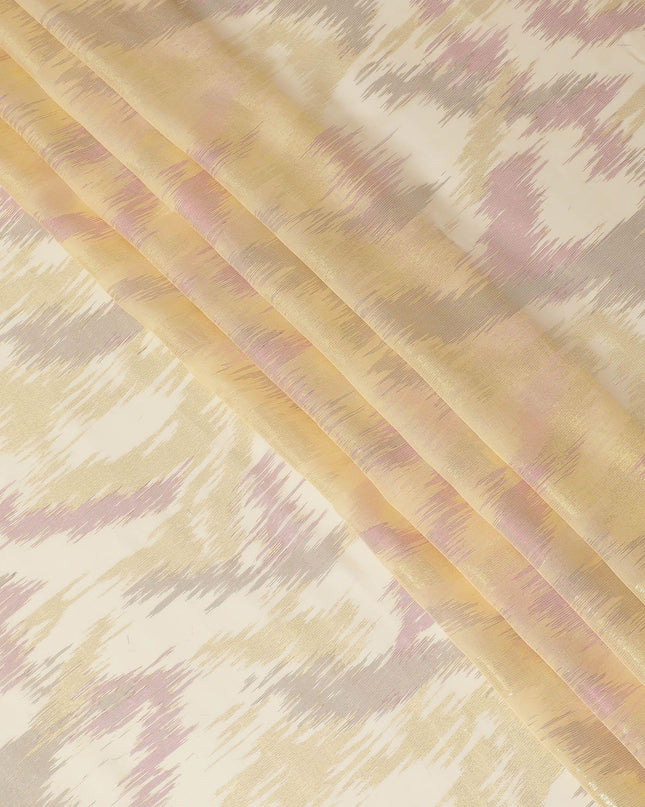Laguna yellow Premium pure silk chiffon fabric with gold and pink metallic lurex in abstract design-D12323