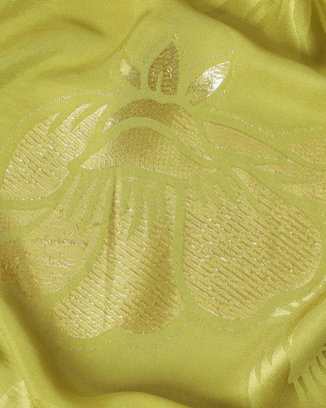 Olive green premium pure silk crepe fabric with gold metallic lurex in floral design-D13708 Regal Fabrics