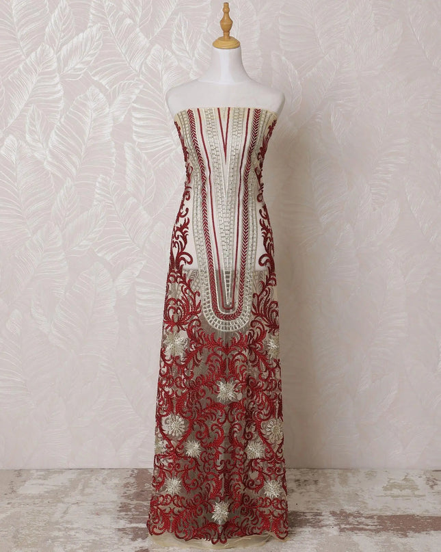 Gold nylon tulle fabric with same tone, crimson red embroidery having stone work in fancy design-D14767 Regal Fabrics