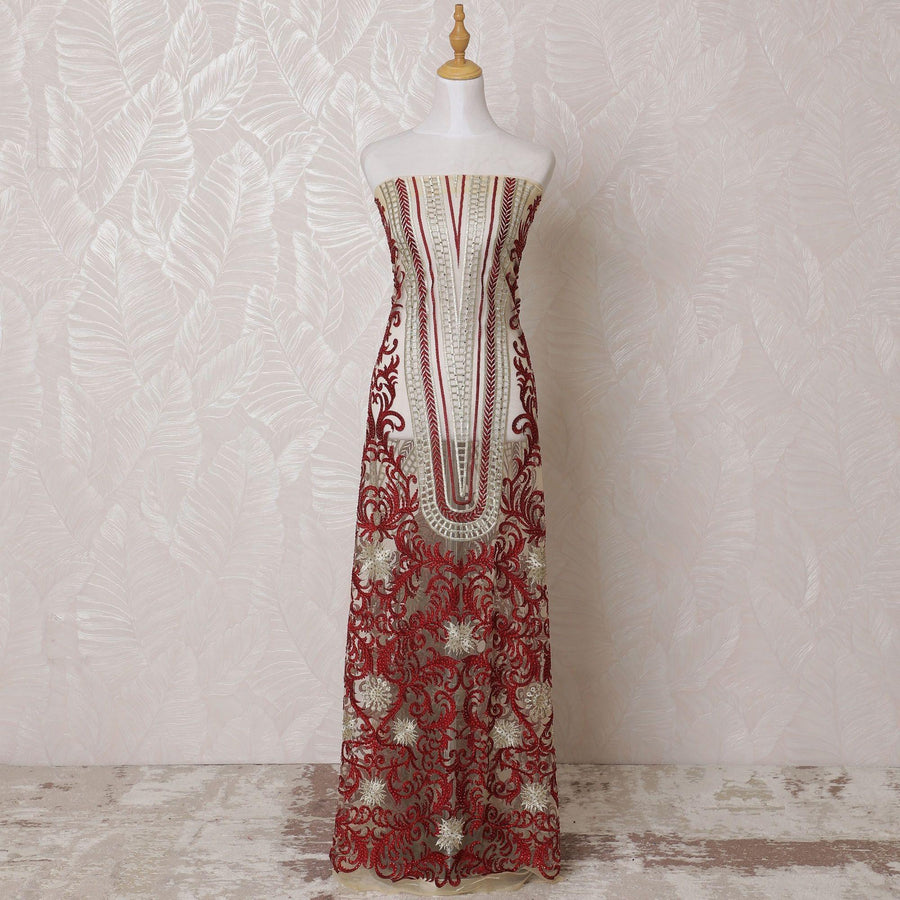 Gold nylon tulle fabric with same tone, crimson red embroidery having stone work in fancy design-D14767