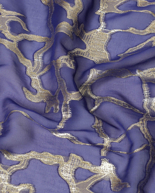 قماش شيفون من الحرير الخالص باللون الأزرق الملكي مع لوريكس معدني ذهبي بتصميم تجريدي -D13195