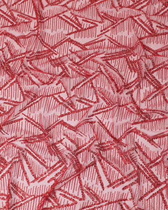 قماش تول نايلون فاخر باللون الأحمر القرمزي مع نفس التطريز والترتر والخرز بتصميم فاخر-D15393