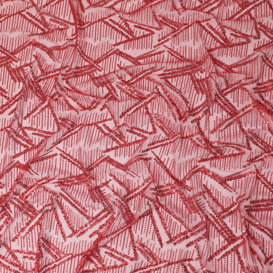 قماش تول نايلون فاخر باللون الأحمر القرمزي مع نفس التطريز والترتر والخرز بتصميم فاخر-D15393