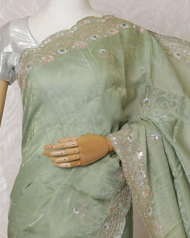 Sage green Premium silk jacquard organza saree with multicolor sequin embroidery having gold bead work in floral design-D15591 Regal Fabrics