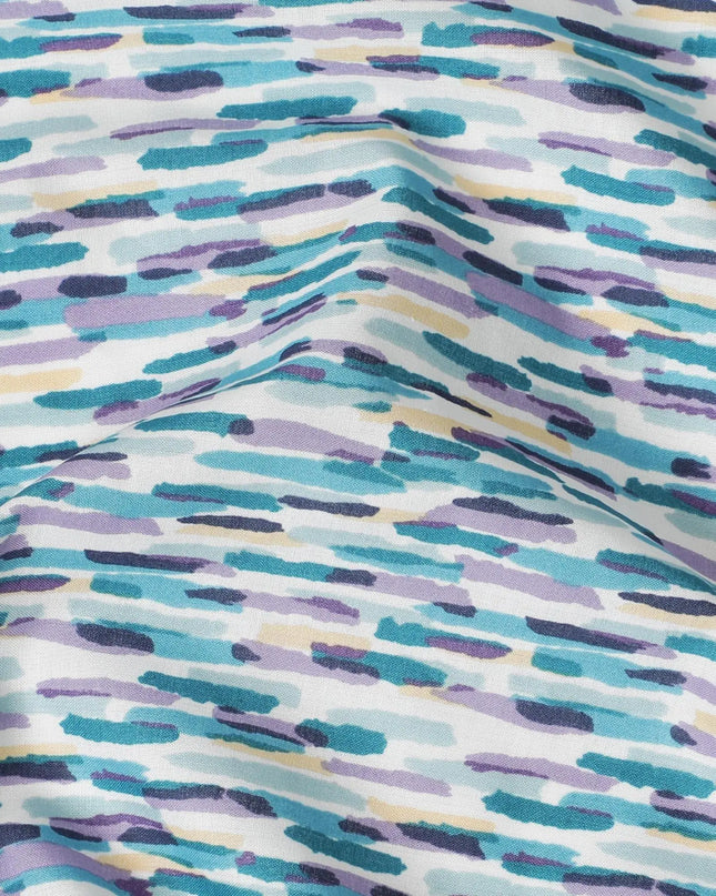 Off white cotton lawn fabric withbaby blue, lavender and navy blue print in fancy design-D15230 Regal Fabrics