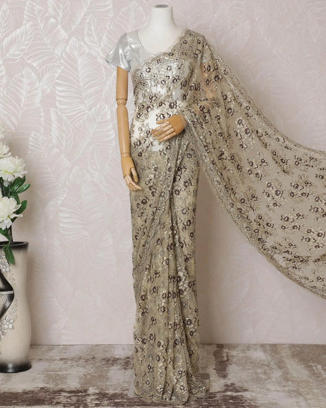 Gold, brown Premium pure French metallic chantilly lace saree having stone work in floral design-D14559 Regal Fabrics