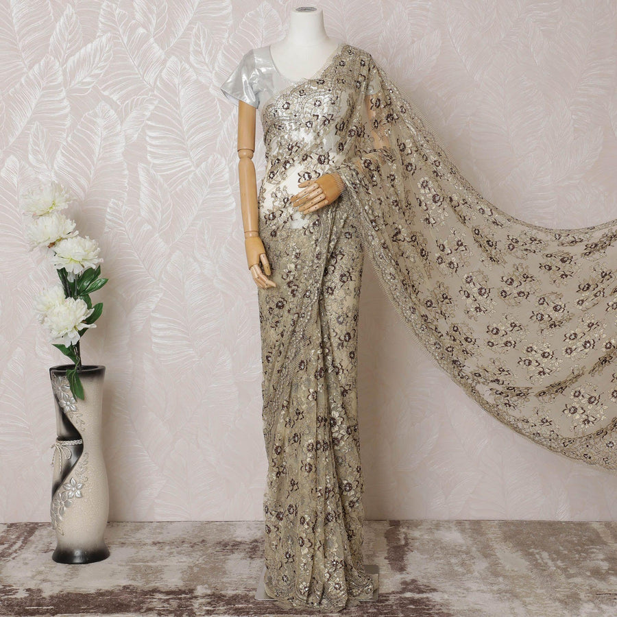 ساري من الدانتيل شانتيلي المعدني الفرنسي النقي الذهبي والبني الفاخر مع عمل حجري بتصميم الأزهار-D14559