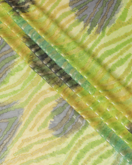 Lime green Premium pure French (Fransawi) silk chiffon fabric with gold metallic lurex in floral design-D14021
