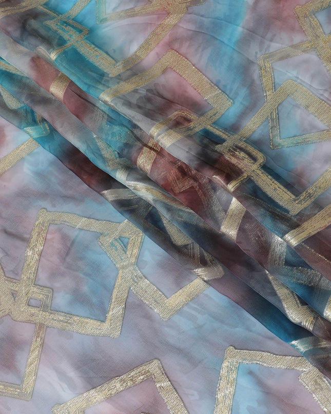 شيفون من الحرير الخالص متعدد الألوان مع لوريكس معدني ذهبي بتصميم تجريدي -D11376