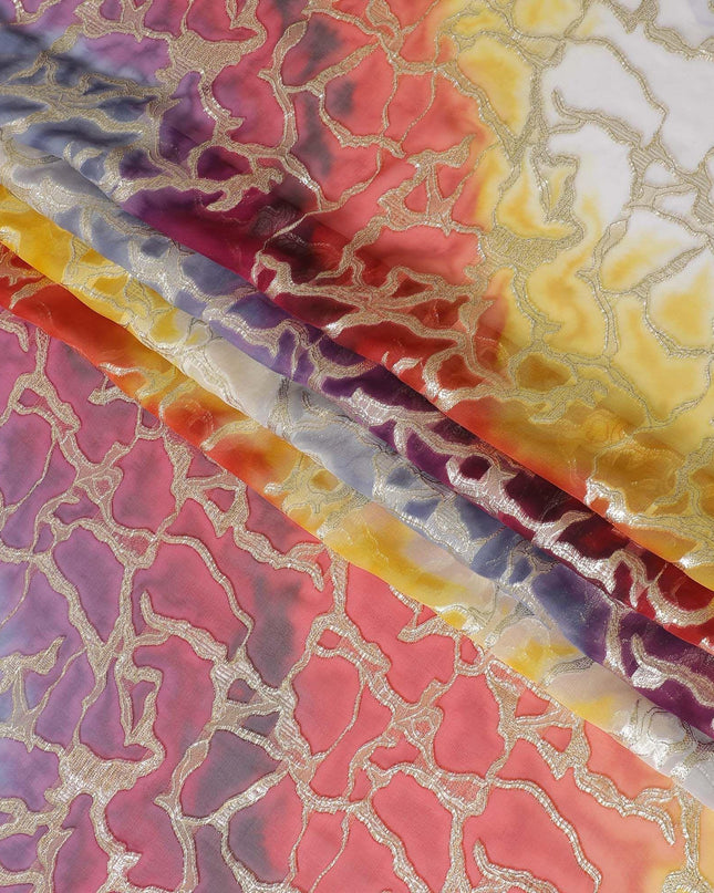 شيفون من الحرير الخالص متعدد الألوان مع لوريكس معدني ذهبي بتصميم تجريدي -D11368