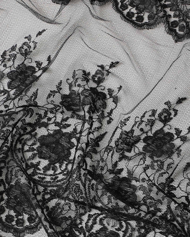 Black lace fabric with same tone embroidery in fancy design-D6036
