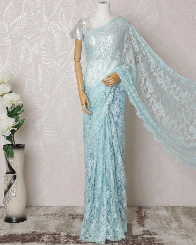 Electric blue Premium pure French chantilly lace saree in floral design-D14569 Regal Fabrics