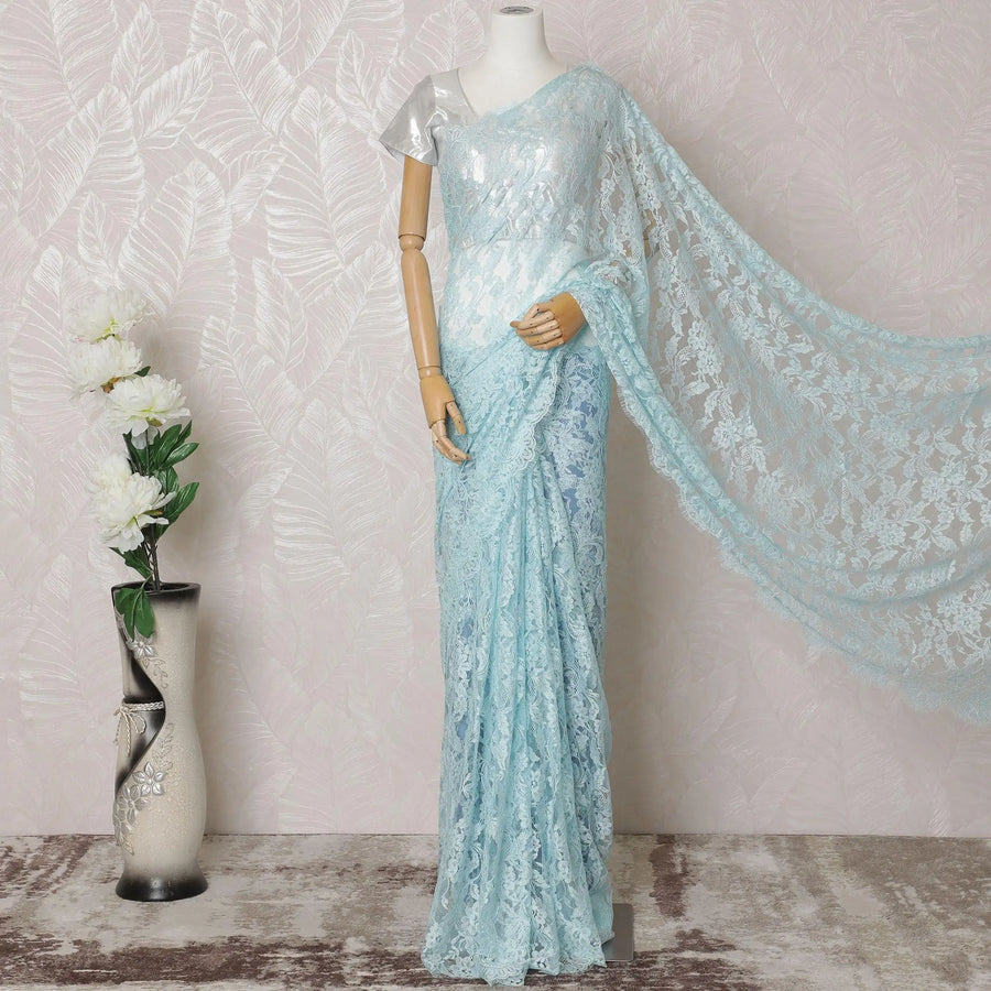 Electric blue Premium pure French chantilly lace saree in floral design-D14569 Regal Fabrics