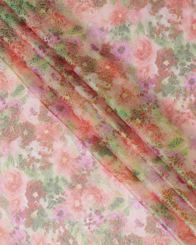 قماش شيفون حريري نقي فاخر متعدد الألوان مع لوريكس معدني أخضر نيون بتصميم زهور-D15461