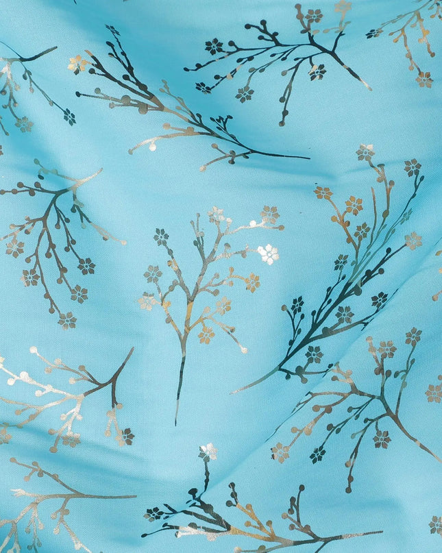 Sky blue Premium pure cotton voile fabric with gold and bottle green print in floral design-D13171 Regal Fabrics