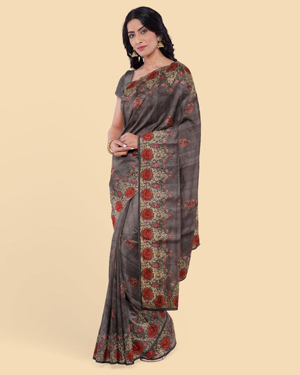 ساري حرير توسار باللون البني مع تطريز متعدد الألوان بتصميم زهور-D12796