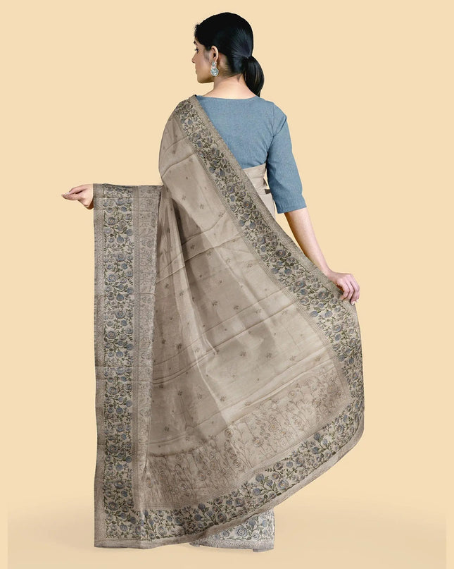 Mushroom gray synthetic chiffon saree with multicolor embroidery in floral design. Powder blue color blouse piece-D12755 Regal Fabrics