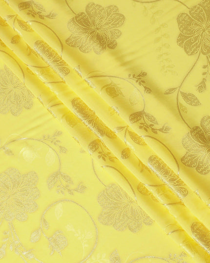 Lemon yellow Premium pure silk crepe fabric having same tone jacquard and gold metallic lurex in floral design-D14299