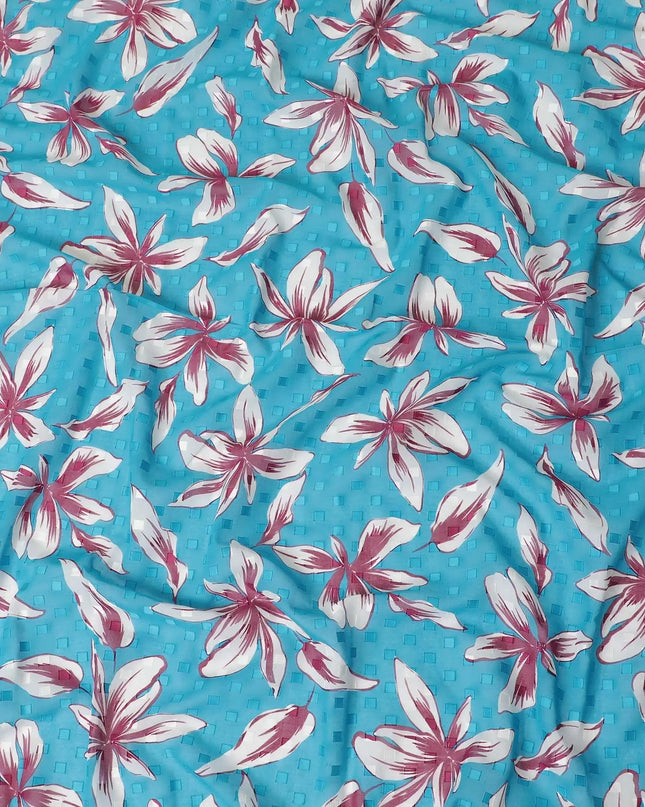 Sky blue Premium 100% swiss cotton voile (Sudanese Thobe) fabric with same tone clip cord having off white and cerise pink print in floral design-D13539 Regal Fabrics