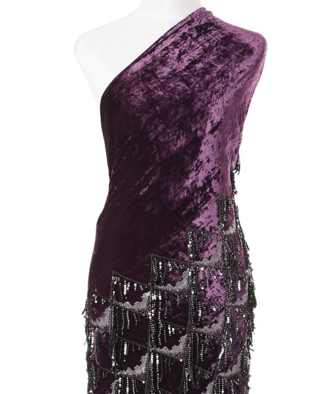 Plum purple silk blended velvet fabric with black embroidery having black and silver sequins in fancy design-D6090 Regal Fabrics