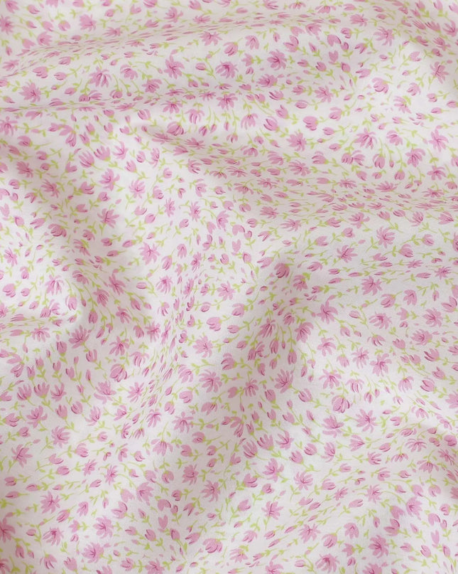 White 100% Swiss cotton lawn fabric with baby pink and parrot green print in floral design-D10104 Regal Fabrics