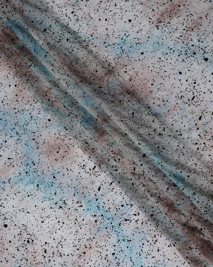 Pearl grey Premium pure French (Fransawi) silk chiffon fabric with pale brown, baby blue tie & die print having black flock and baby blue glitter in abstract design-D14070