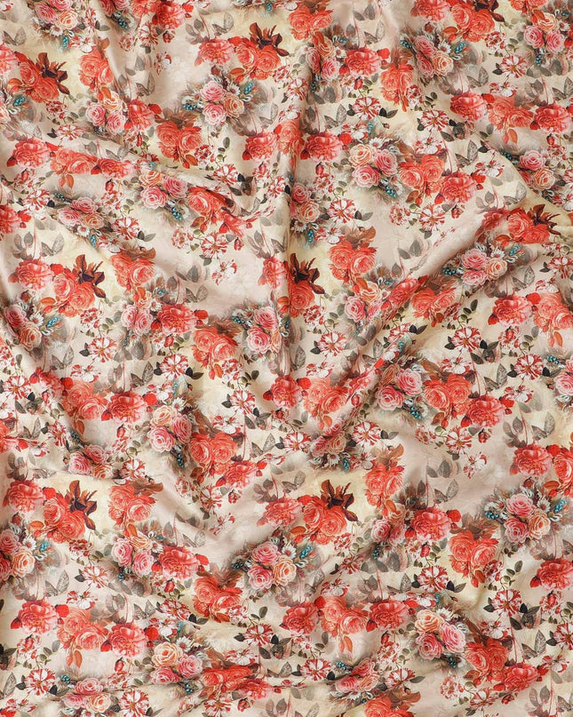 قماش قطني مخلوط باللون البيج اللاتيه مع طباعة متعددة الألوان بتصميم الأزهار: D-5667