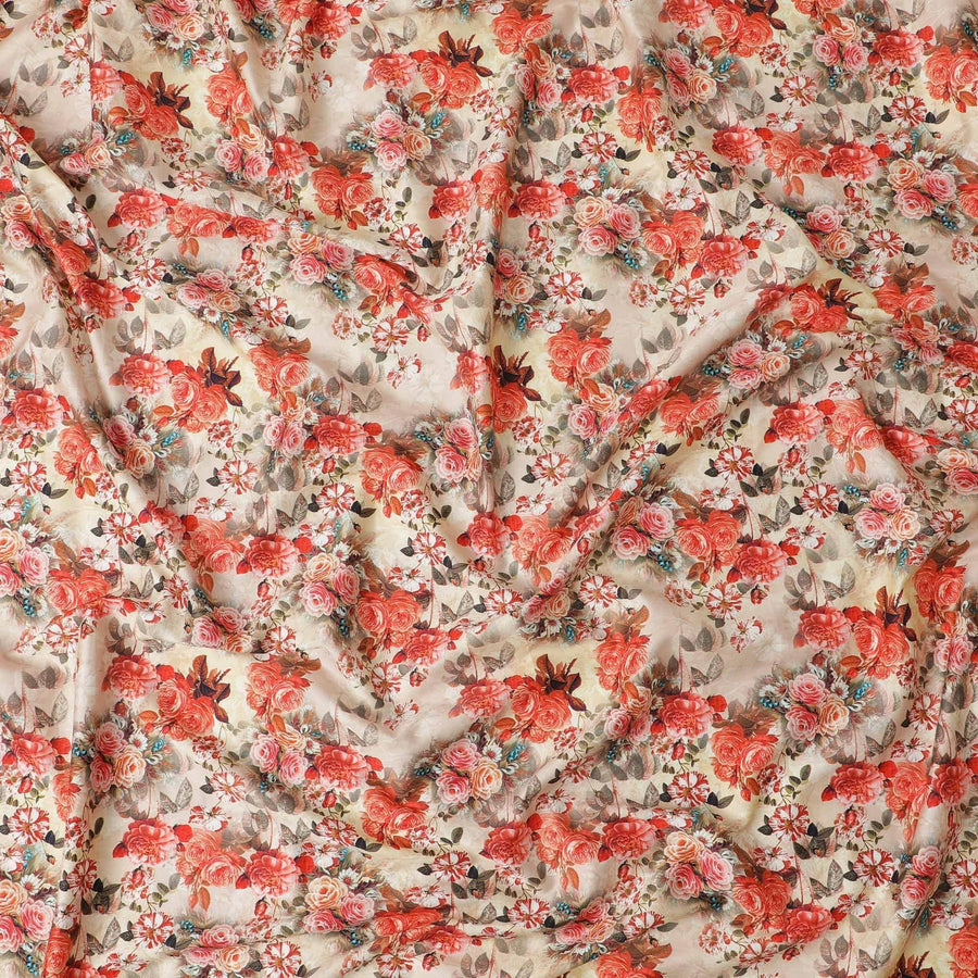 Latte beige blended cotton lawn fabric  with multicolor print in floral design: D-5667