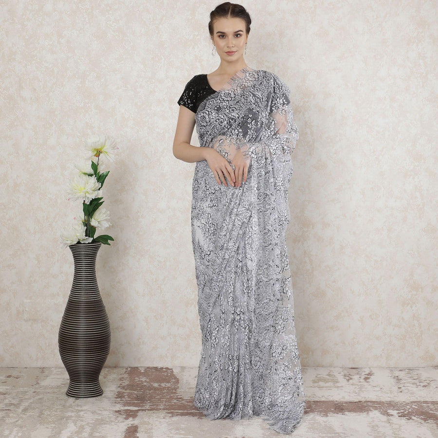 White, black Premium pure French chantilly cord lace with in floral design-D14509