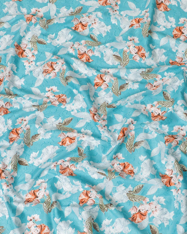 Maya blue uragiri cotton voile fabric with same tone jacquard having grey, squash orange and olive green print in floral deisgn-D10484