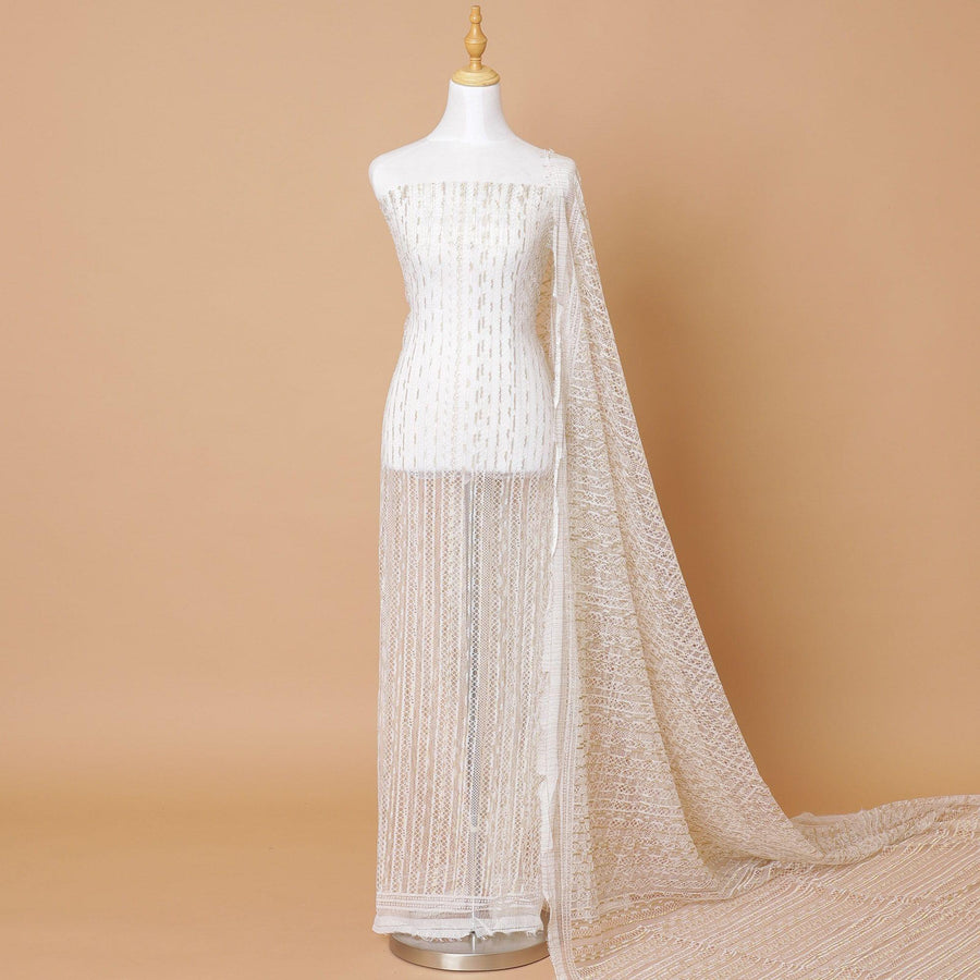 Off white Premium Wedding French chantilly lace fabric with gold metallic stripe design-D8367