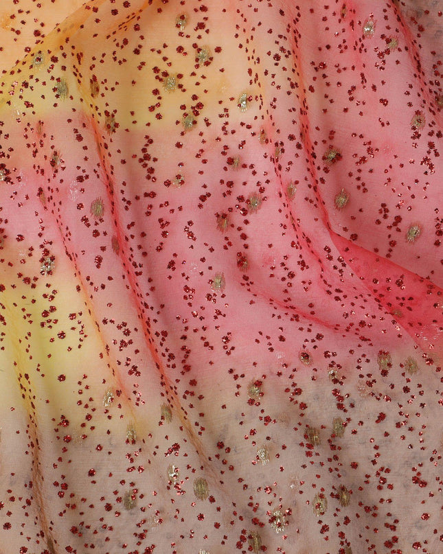 قماش من الشيفون الحريري باللون البرتقالي والأصفر الليموني والوردي الياقوتي مع بريق أحمر قرمزي ولوريكس معدني ذهبي بتصميم فاخر