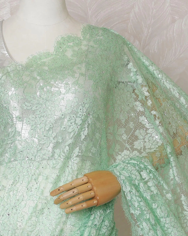 Mint green Premium pure French chantilly lace saree having stone work and same tone outline metallic lurex in floral design-D14618 Regal Fabrics