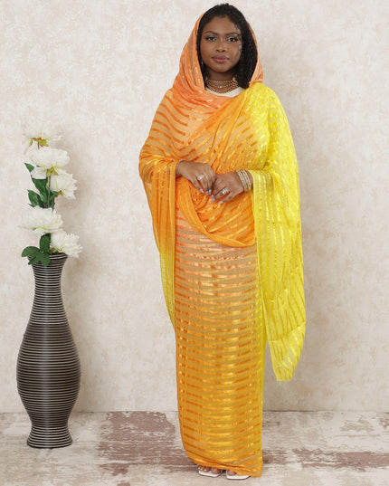 Multicolor Premium synthetic chiffon thobe with gold metallic foil print in stripe design-D14393 Regal Fabrics